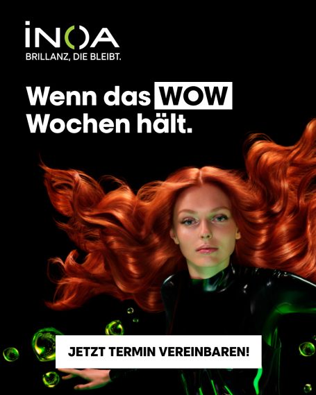 Frau mit roten Haaren und schwarzer Kleidung, Werbung für Farbservice.